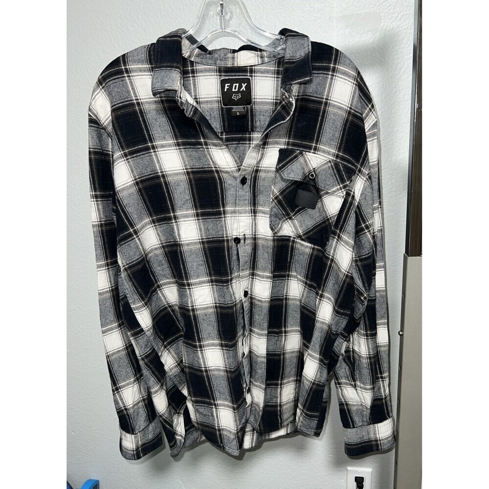 Fox Flannel Shirt Men's Large Black Grey Plaid Button Up Long Sleeve